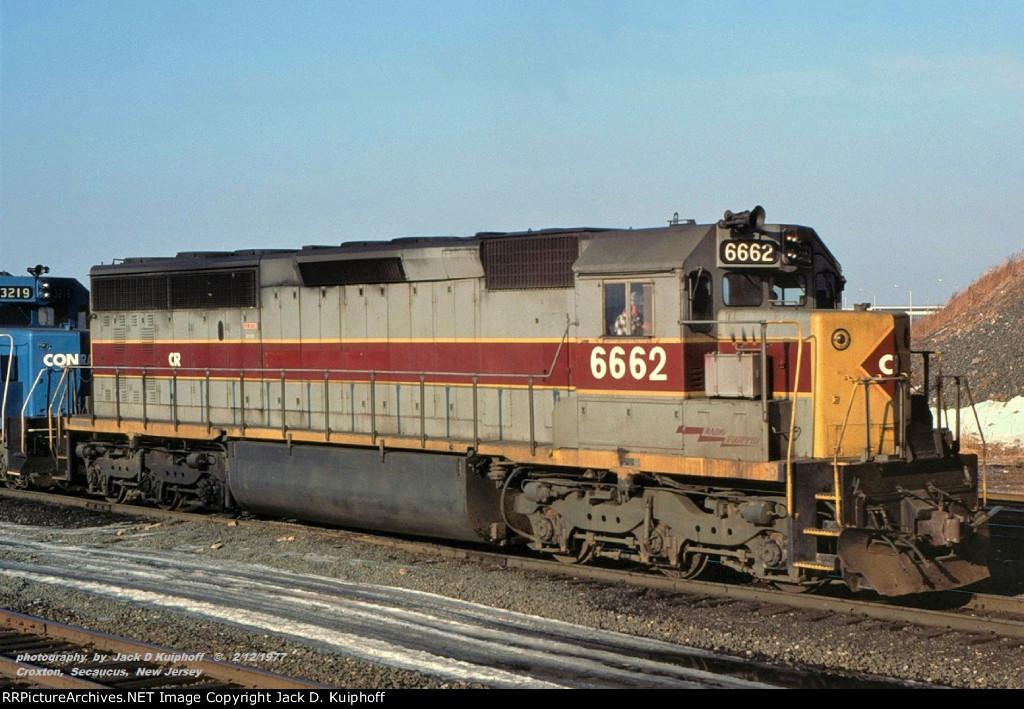 Conrail 6662 SD45-2, at ex-Erie Croxton yard, Secaucus, New Jersey. February 12, 1977. 